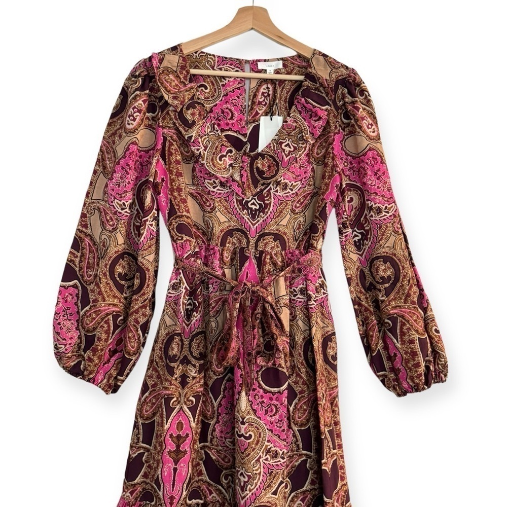 A LOVES A Paisley Printed Ruffled Linen V-Neck Maxi Dress Bohemian Size M NEW - Picture 7 of 10